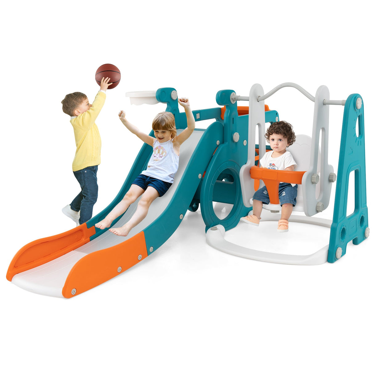 Set de tobogán y columpio 5 en 1 para niños con minibús y canasta de baloncesto - Multicolor