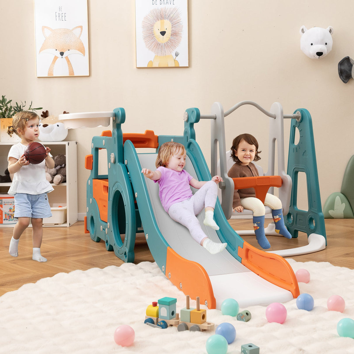 Set de tobogán y columpio 5 en 1 para niños con minibús y canasta de baloncesto - Multicolor