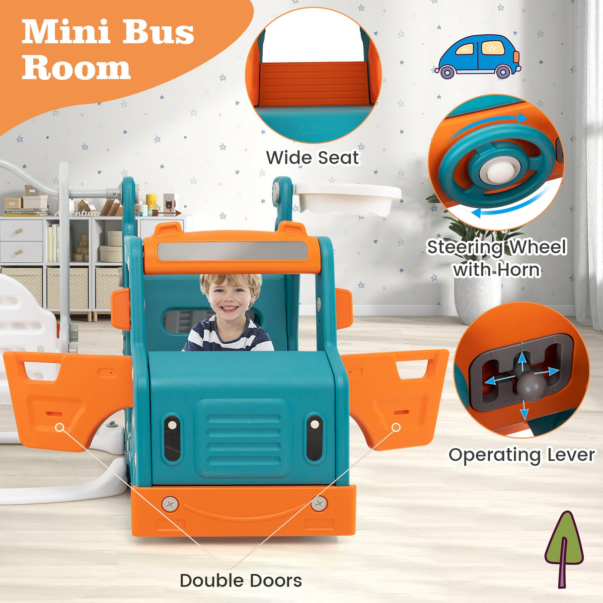 Set de tobogán y columpio 5 en 1 para niños con minibús y canasta de baloncesto - Multicolor