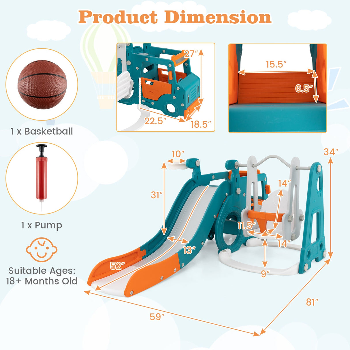 Set de tobogán y columpio 5 en 1 para niños con minibús y canasta de baloncesto - Multicolor