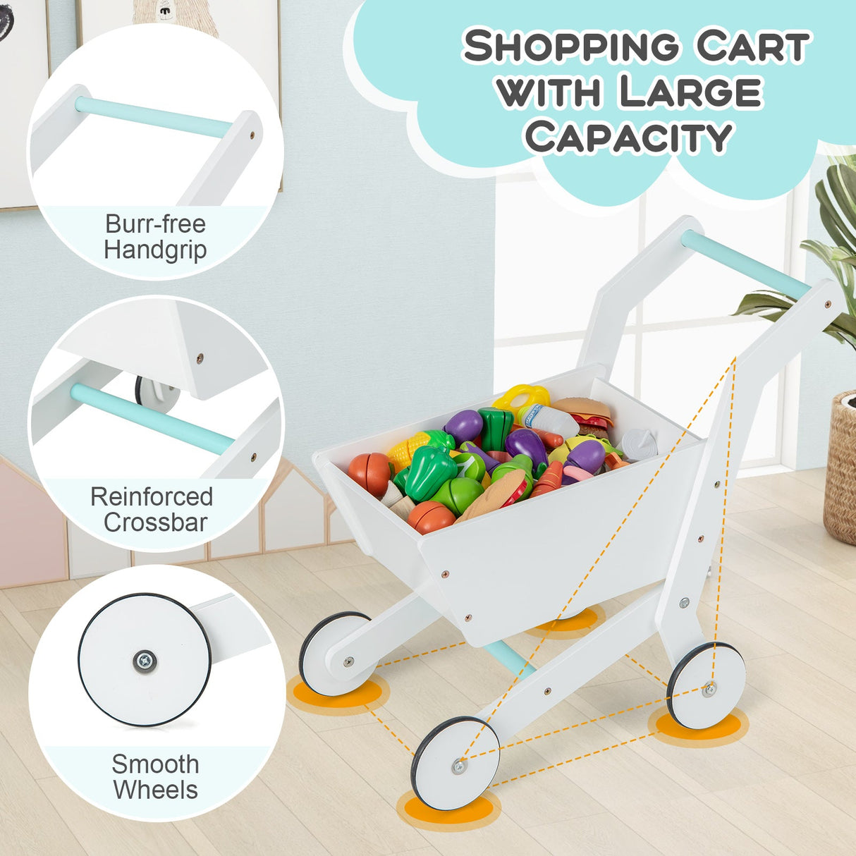 Supermercado de Juguete de Madera para Niños con Caja Registradora y Carrito de Compras-Blanco