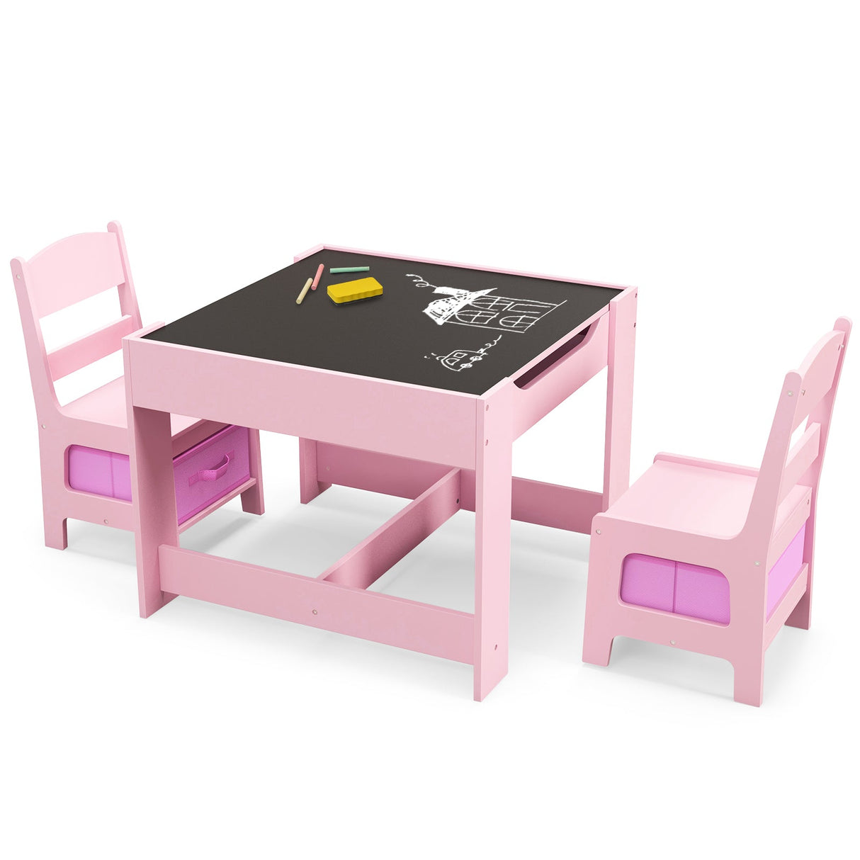 Juego de mesa y sillas para niños con cajas de almacenamiento, pizarra y tablero de dibujo.