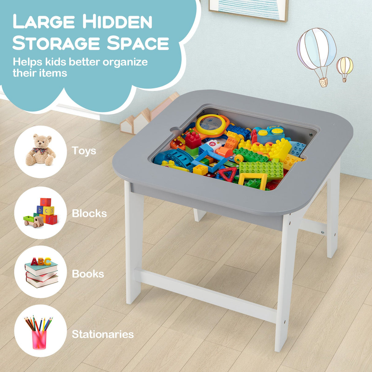 Kid's Table and Chairs Set with Double-sized Tabletop-Gray