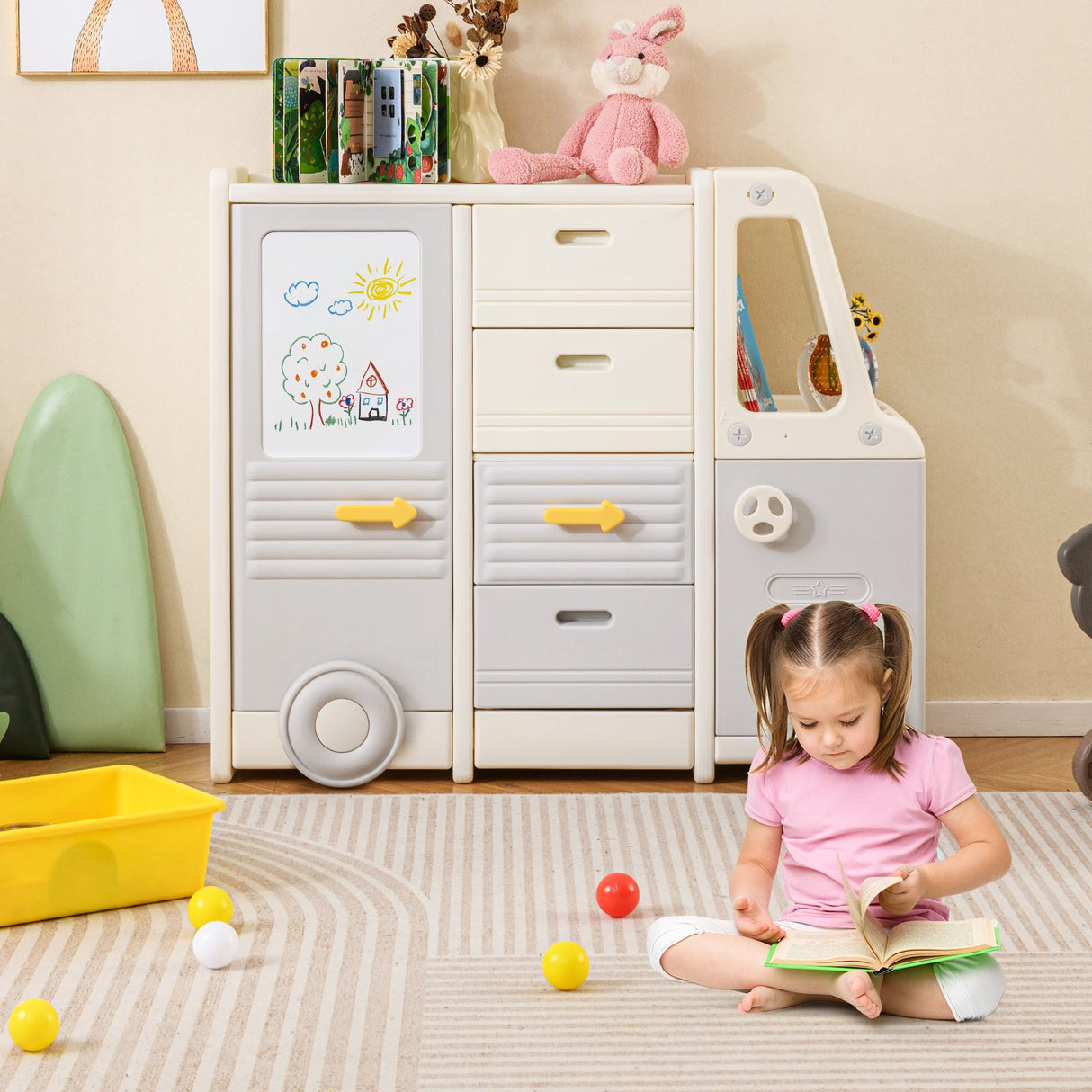 Organizador de almacenamiento de juguetes para niños, gabinete infantil en forma de autobús con 4 cajones extraíbles con asas, gris