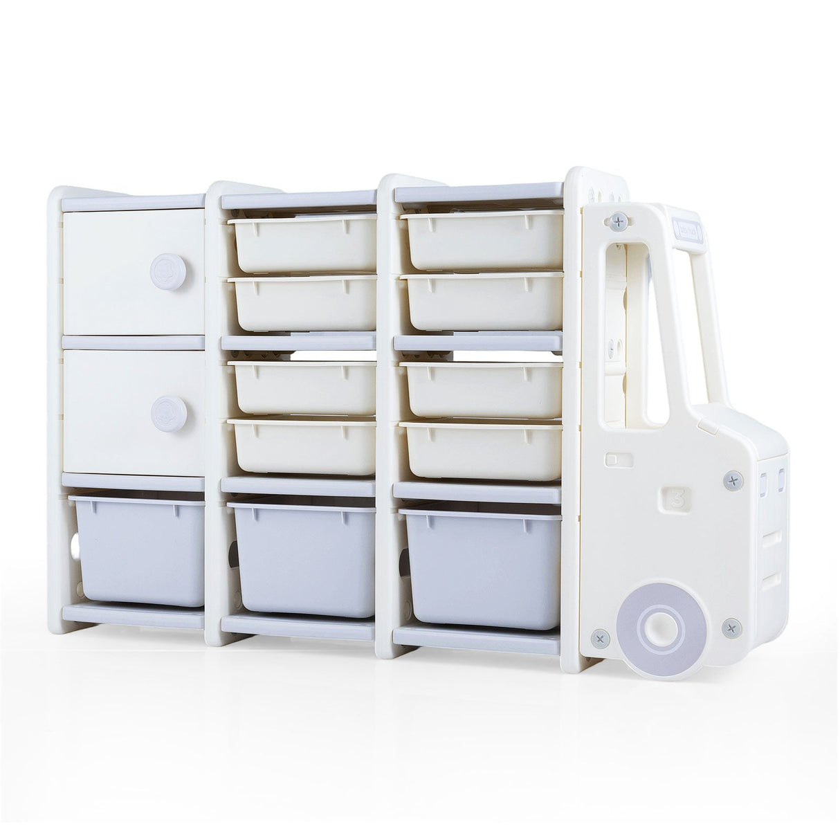 Organizador de almacenamiento de juguetes para niños con forma de camión, baúl de juguetes con 2 gabinetes y 11 contenedores extraíbles - Gris