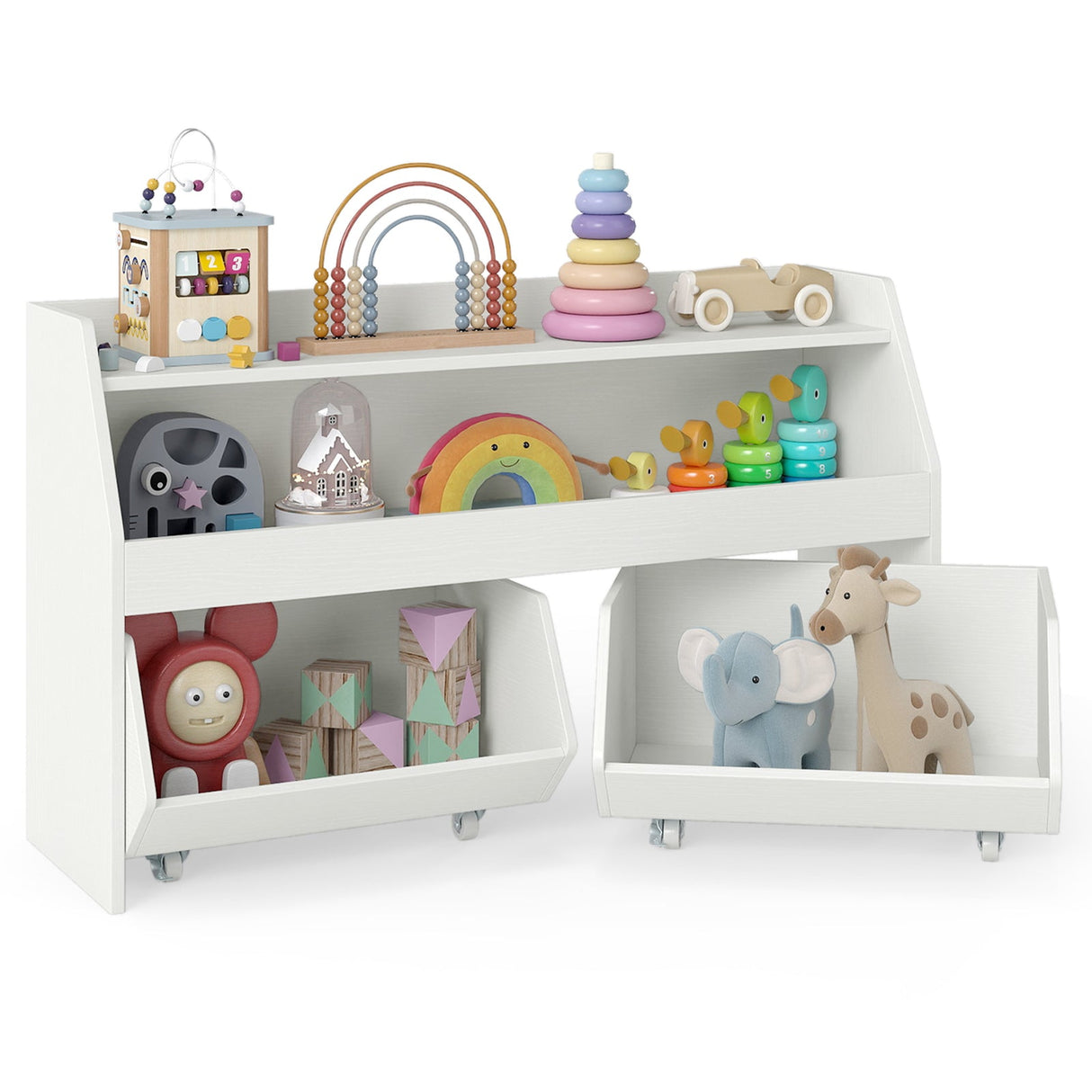 Organizador de juguetes infantiles, estantería de madera con 2 cajones móviles