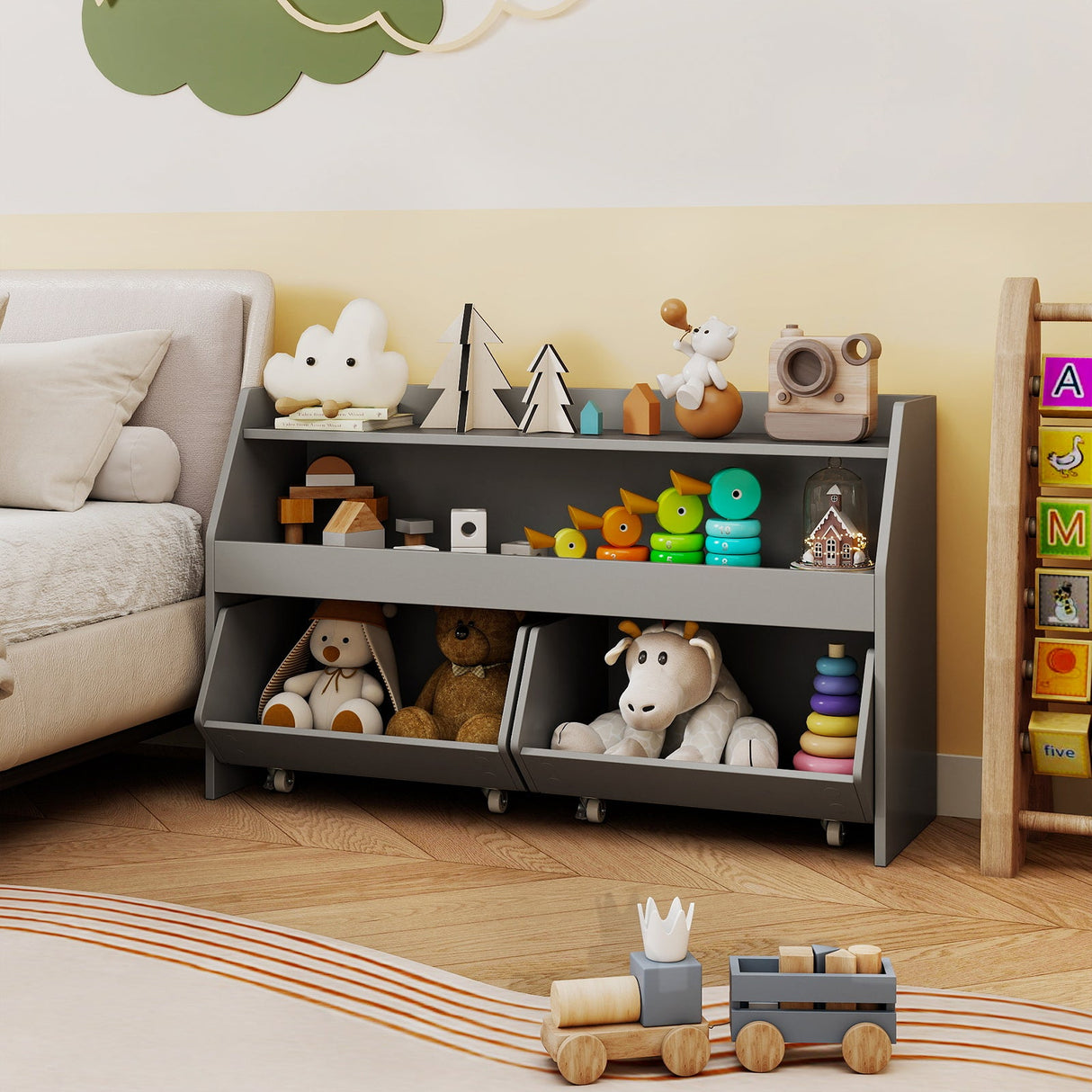 Organizador de juguetes infantiles, estantería de madera con 2 cajones móviles