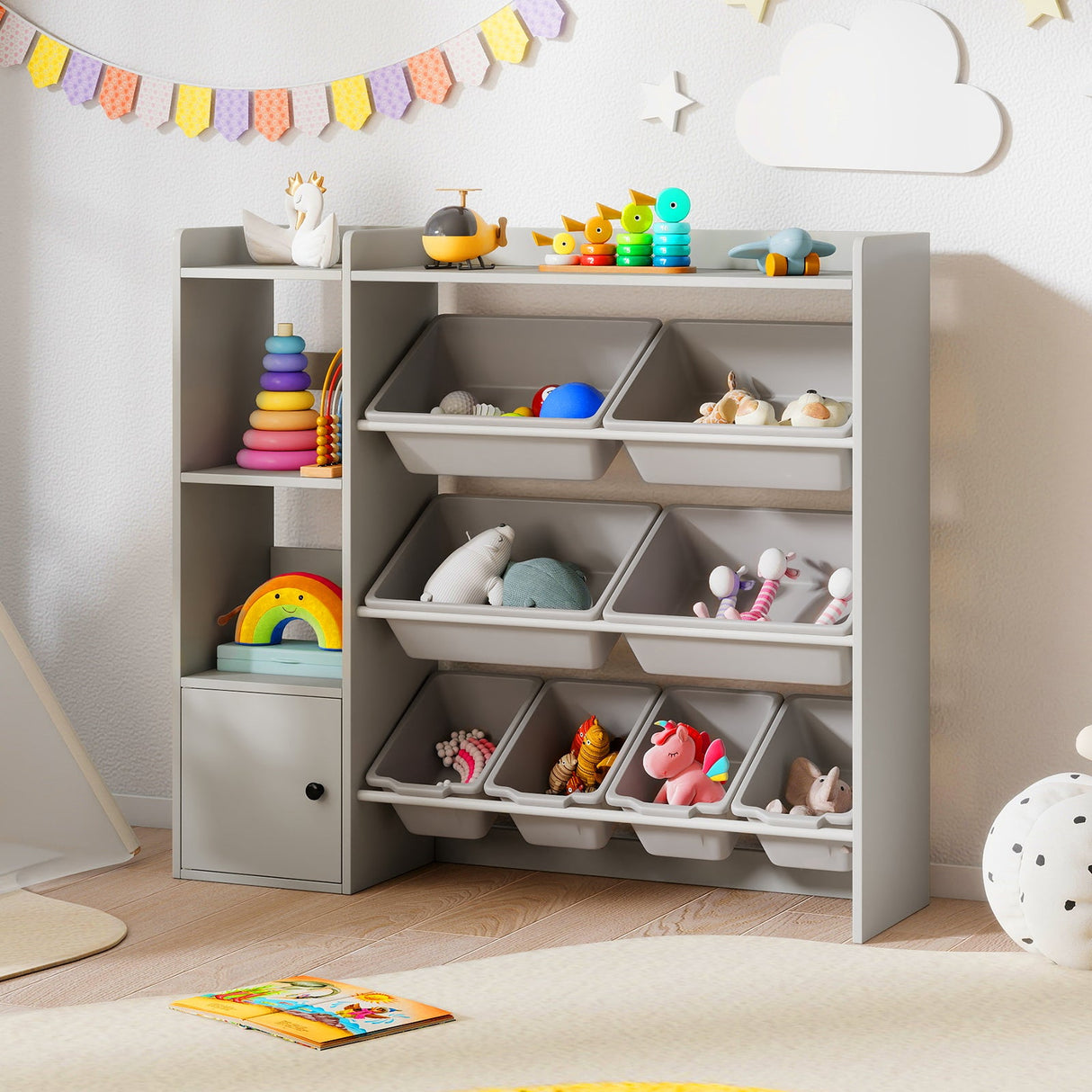 Almacenamiento de juguetes y estantería infantil con estantes abiertos y un armario de una puerta
