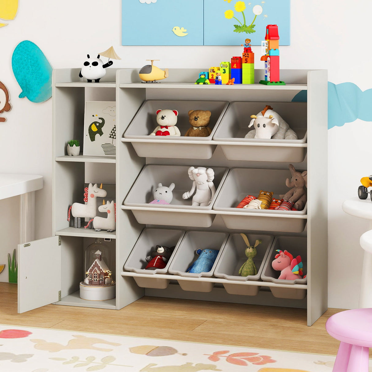 Almacenamiento de juguetes y estantería infantil con estantes abiertos y un armario de una puerta