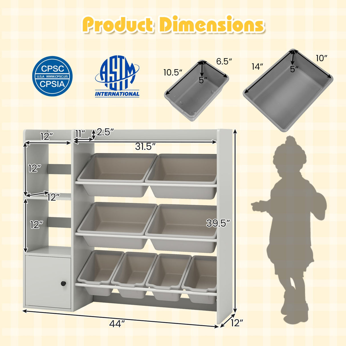 Almacenamiento de juguetes y estantería infantil con estantes abiertos y un armario de una puerta