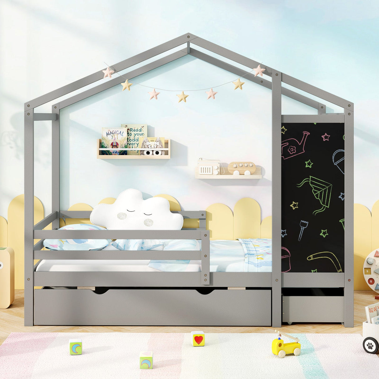 Cama infantil doble con 2 cajones de madera maciza con pizarra
