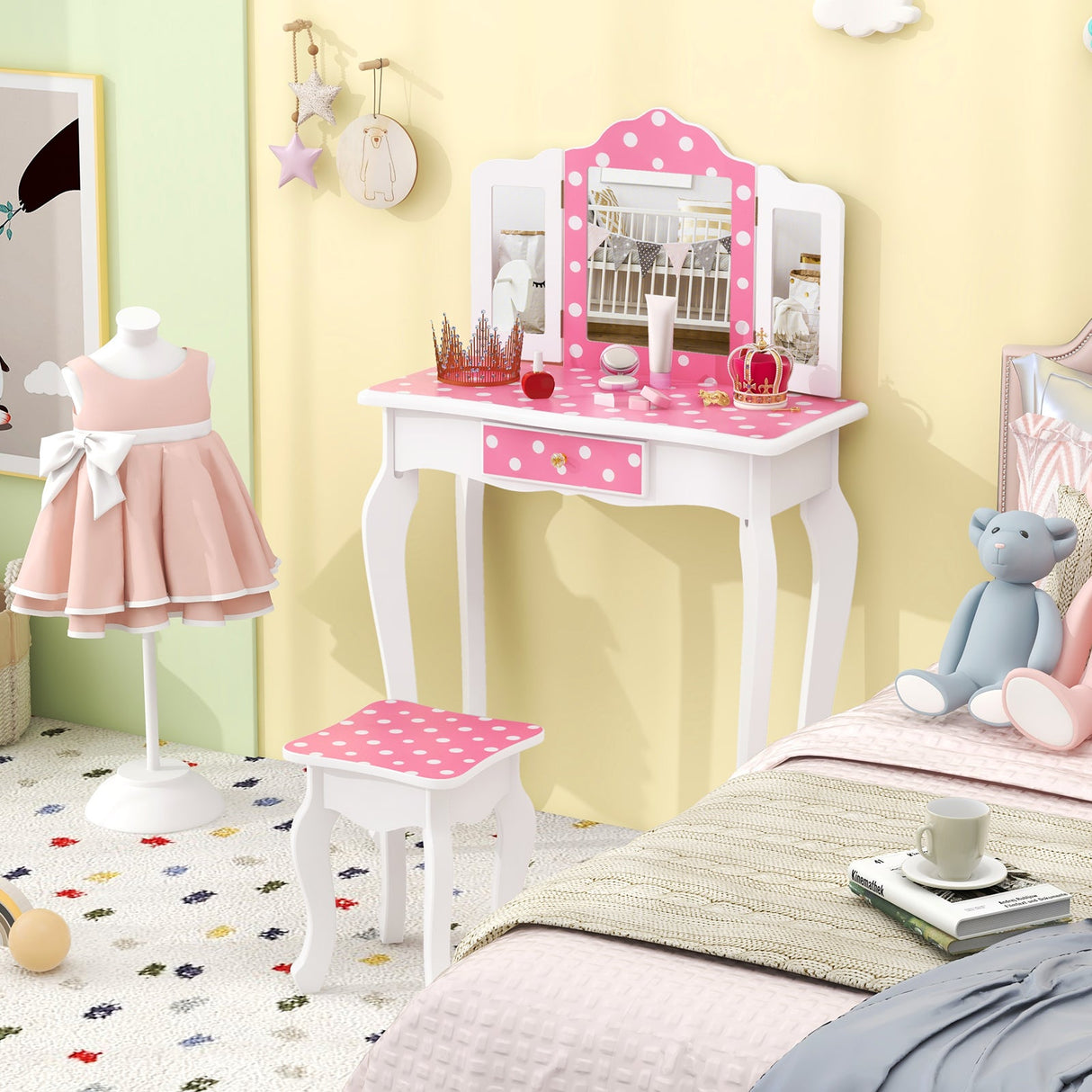 Tocador de Maquillaje de Juguete de Princesa con Precioso Estampado de Lunares-Rosa