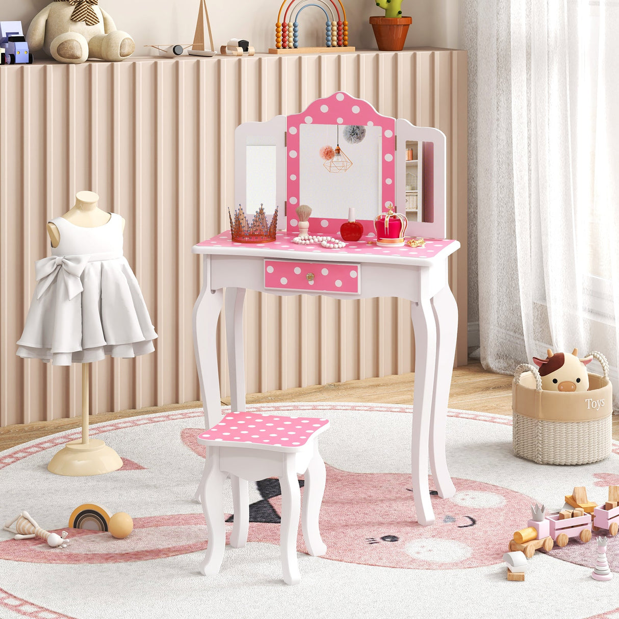 Tocador de Maquillaje de Juguete de Princesa con Precioso Estampado de Lunares-Rosa