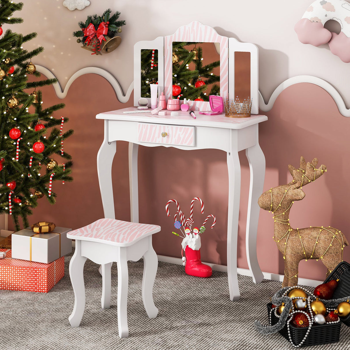 Set de tocador para niños con cajón y 3 accesorios de maquillaje - Rosa
