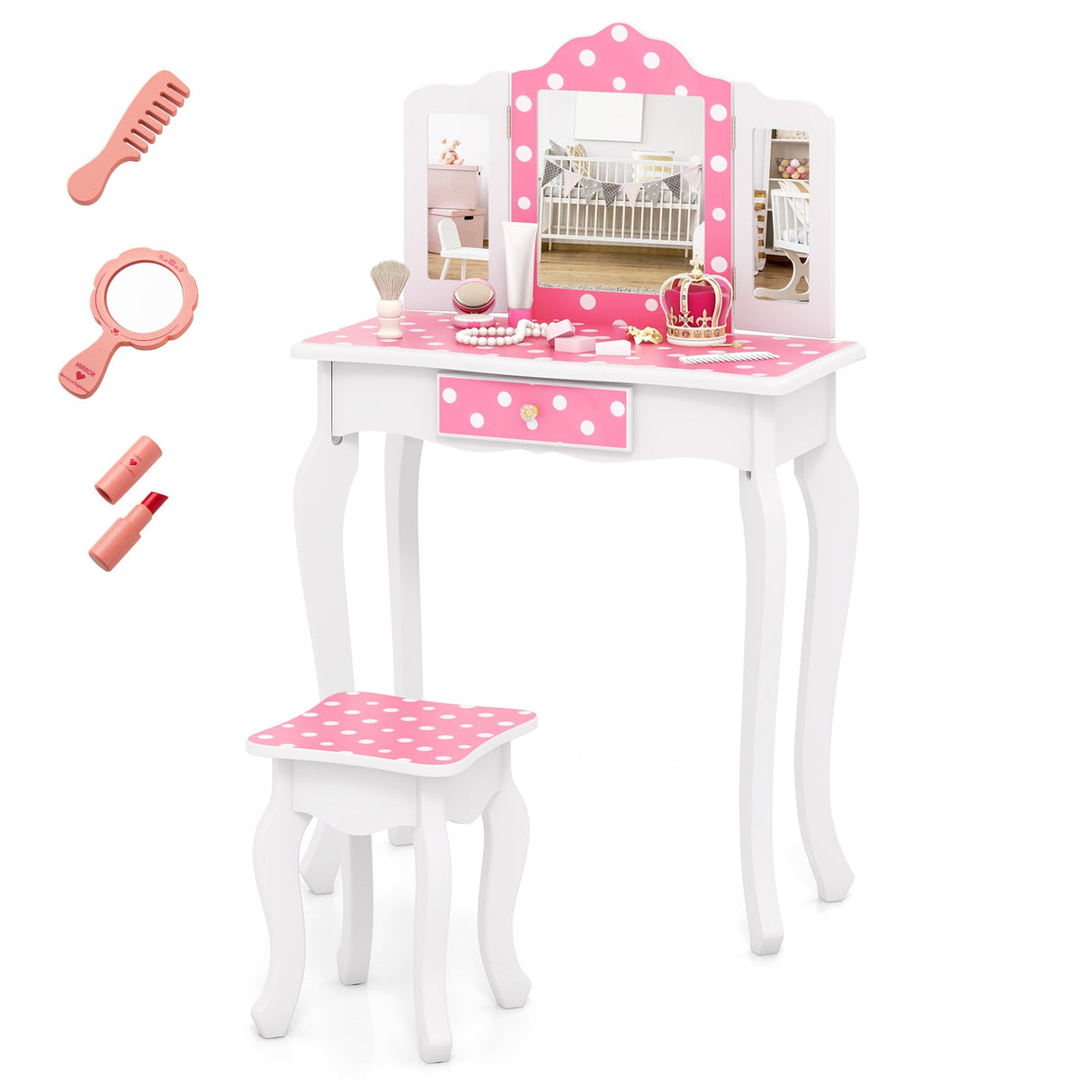 Tocador de Maquillaje de Juguete de Princesa con Precioso Estampado de Lunares-Rosa