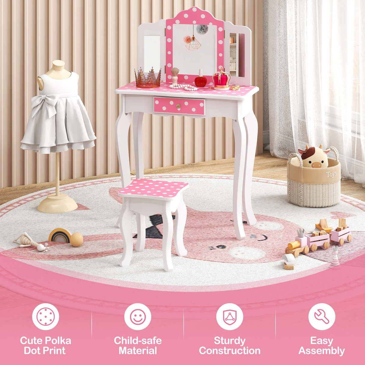 Tocador de Maquillaje de Juguete de Princesa con Precioso Estampado de Lunares-Rosa
