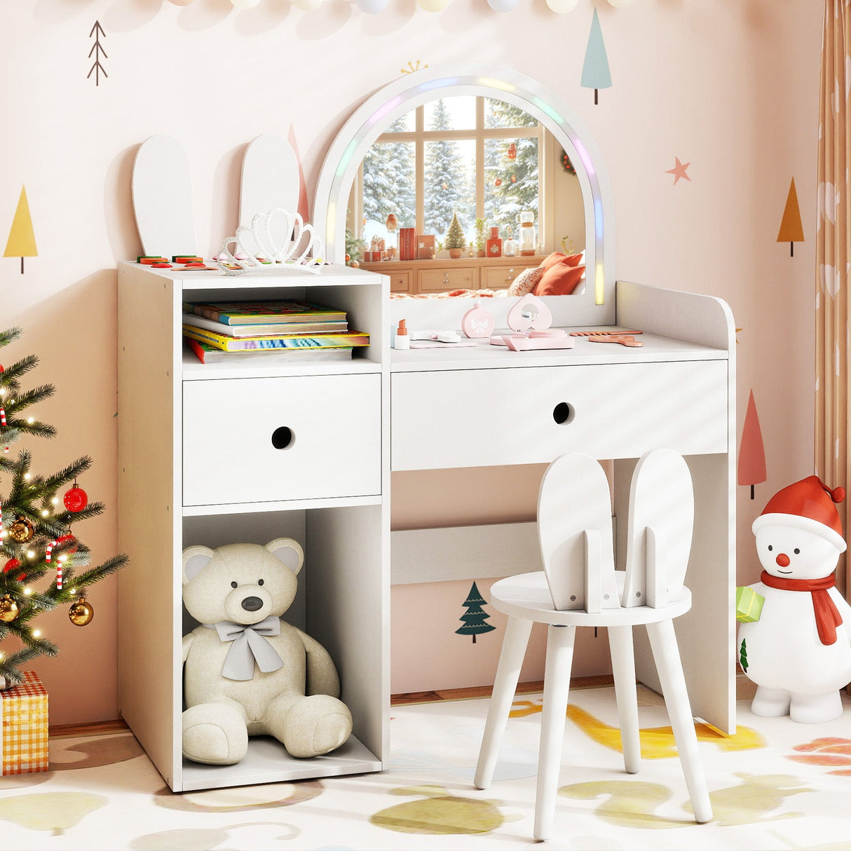 Juego de tocador y silla para niños con luces y estantes abiertos