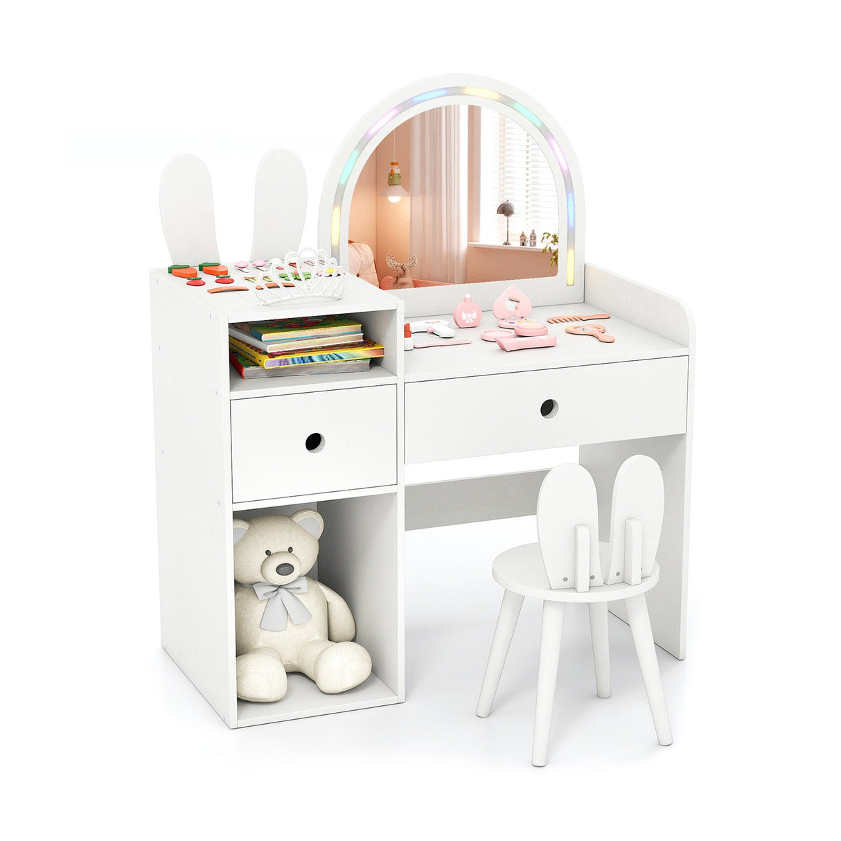 Juego de tocador y silla para niños con luces y estantes abiertos
