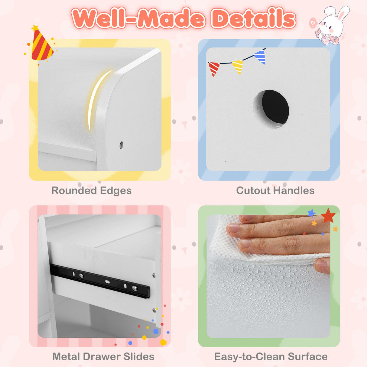 Juego de tocador y silla para niños con luces y estantes abiertos