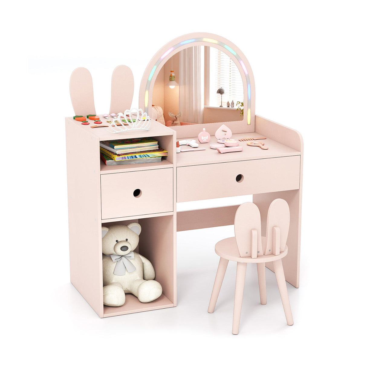 Juego de tocador y silla para niños con luces y estantes abiertos