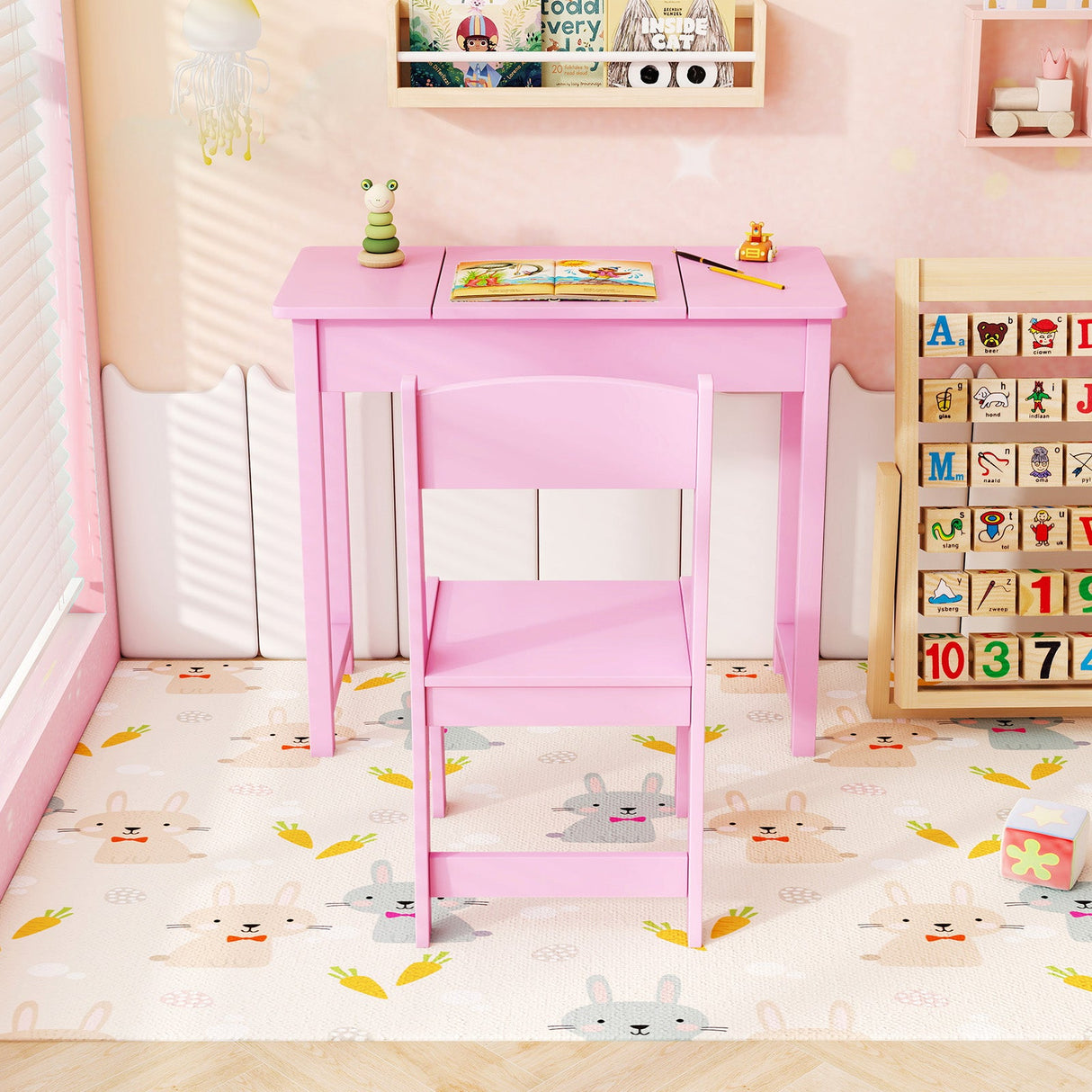 2-in-1 Kids Vanity Makeup Table and Chair Set with Flip Top Mirror