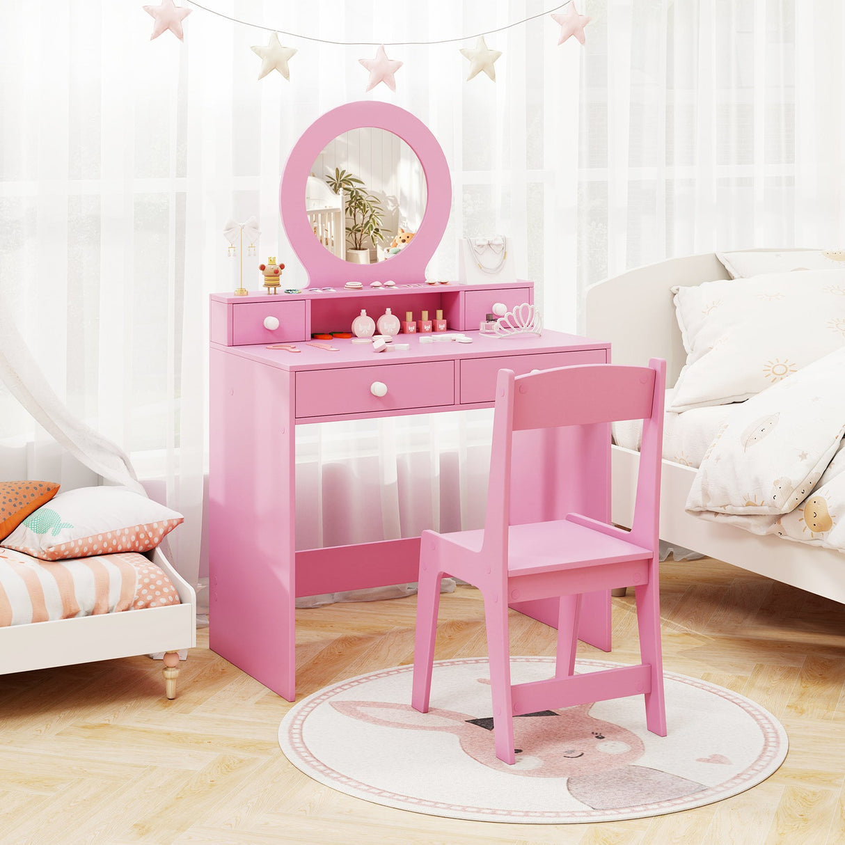 Set de tocador para niñas con espejo, escritorio de princesa para maquillaje y set de silla con espejo