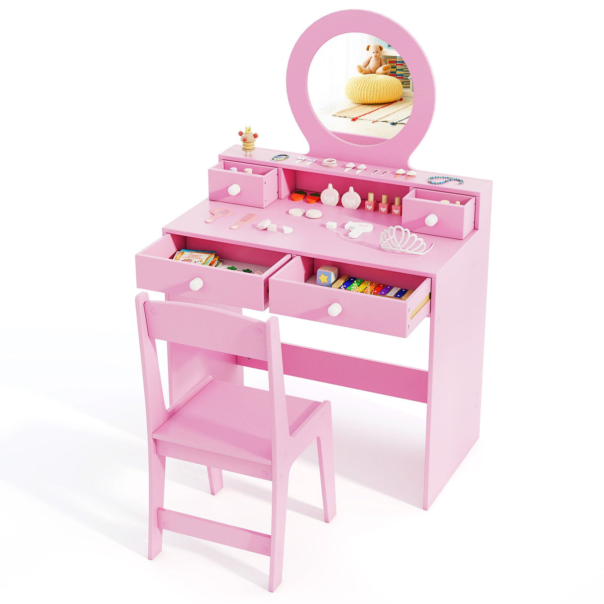 Set de tocador para niñas con espejo, escritorio de princesa para maquillaje y set de silla con espejo