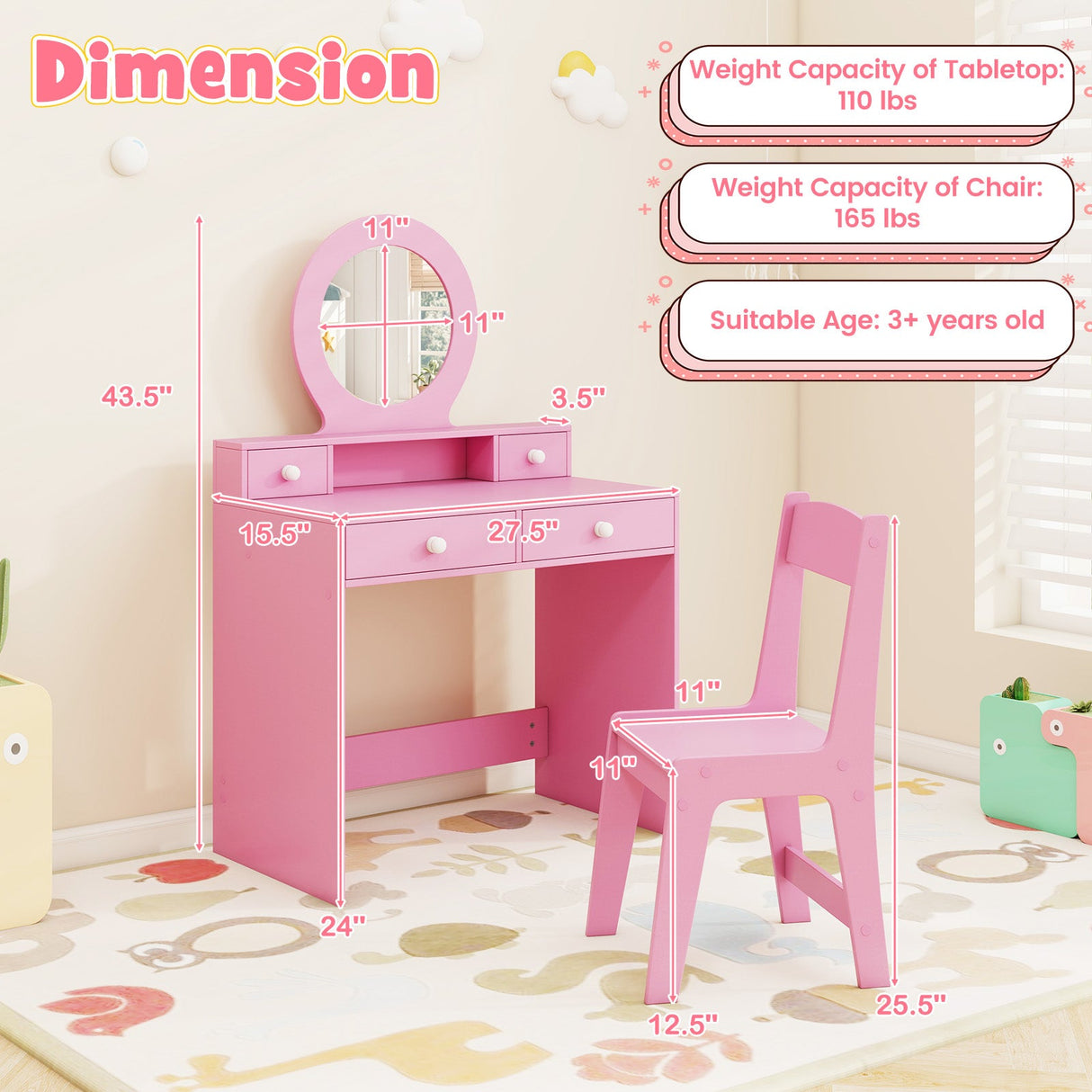 Set de tocador para niñas con espejo, escritorio de princesa para maquillaje y set de silla con espejo