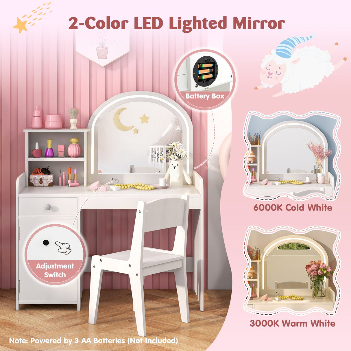 Kids Vanity Table and Chair Set with Shelves Drawer and Cabinet-White
