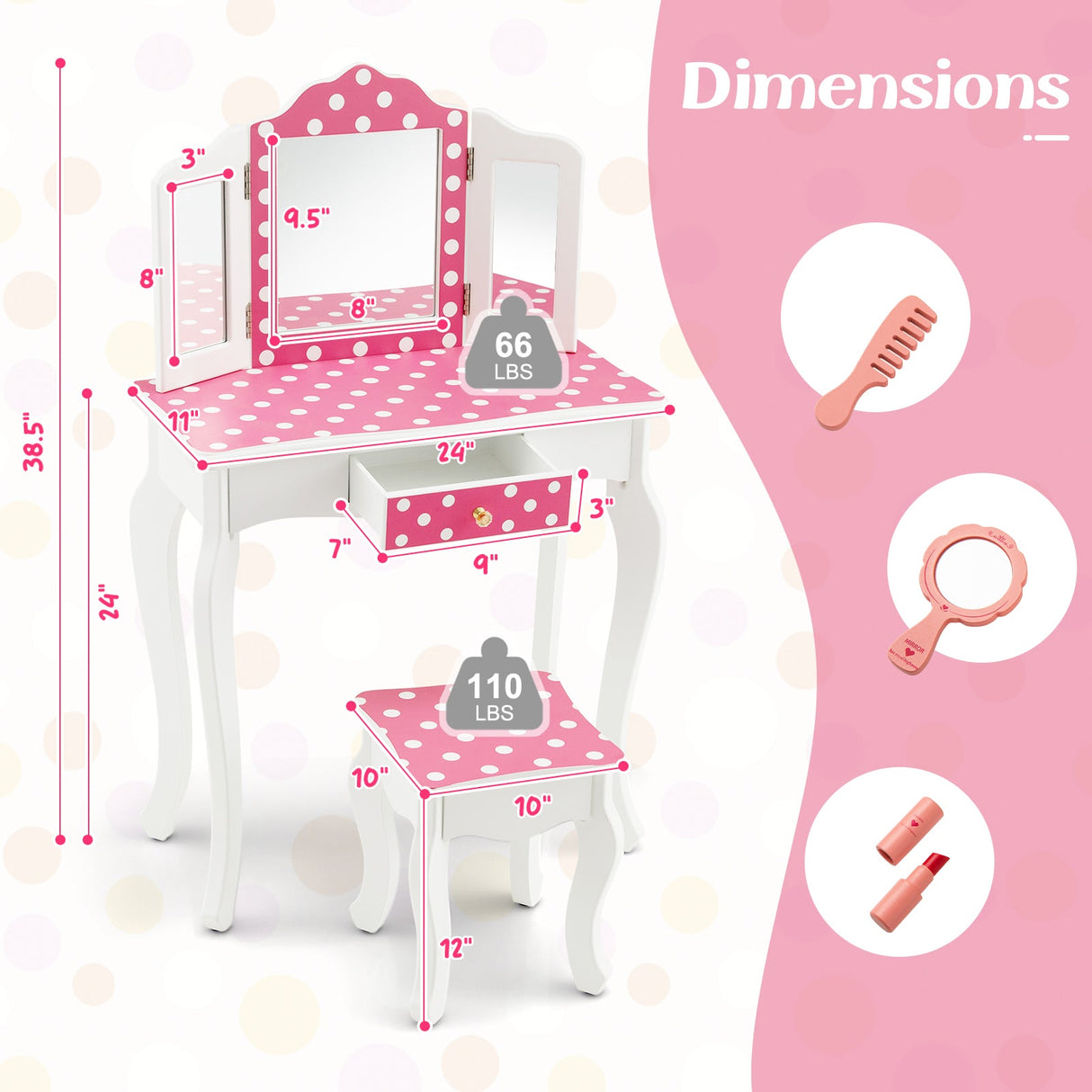 Tocador de Maquillaje de Juguete de Princesa con Precioso Estampado de Lunares-Rosa