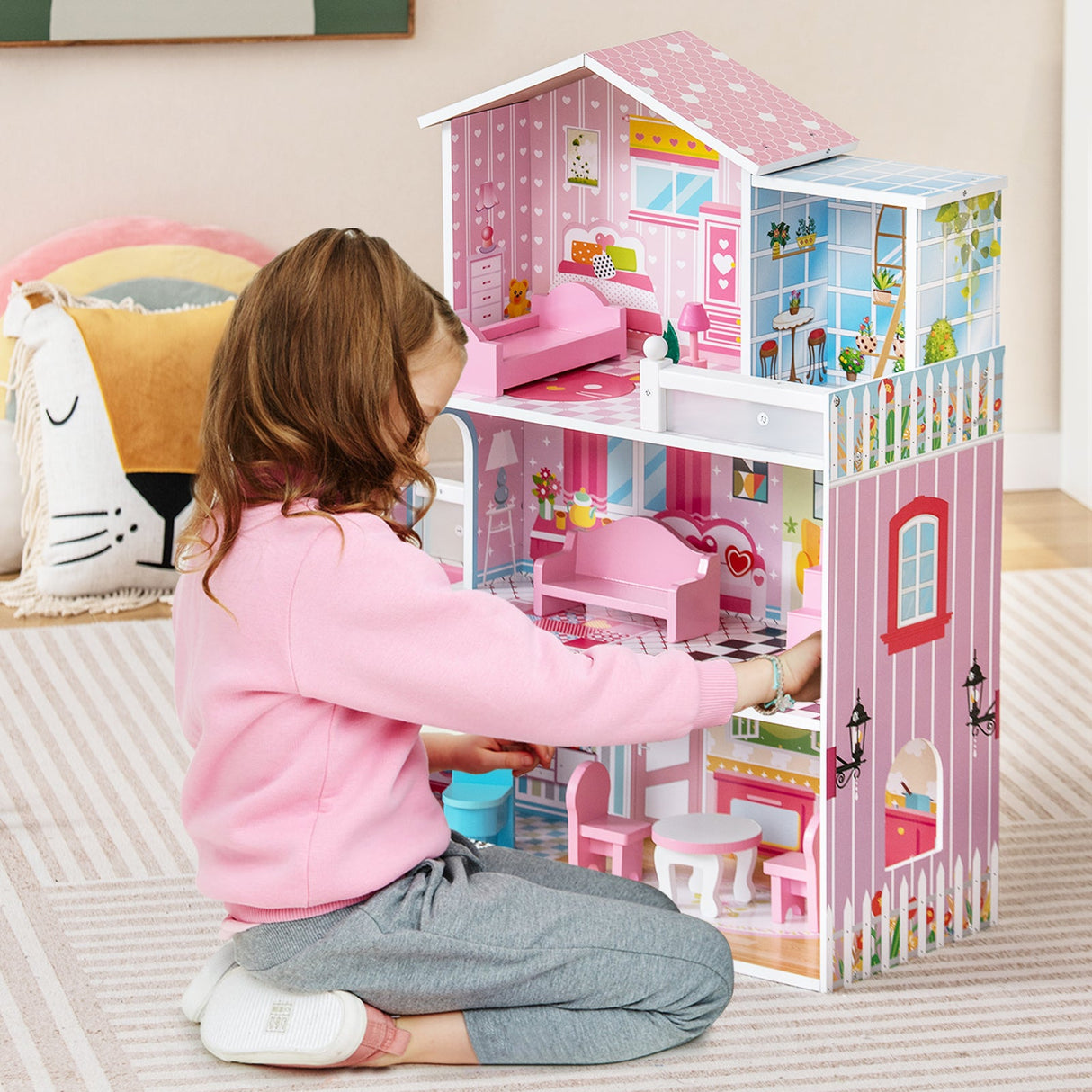 Casa de muñecas de madera para niños con 5 habitaciones simuladas y 10 piezas de mobiliario - Rosa