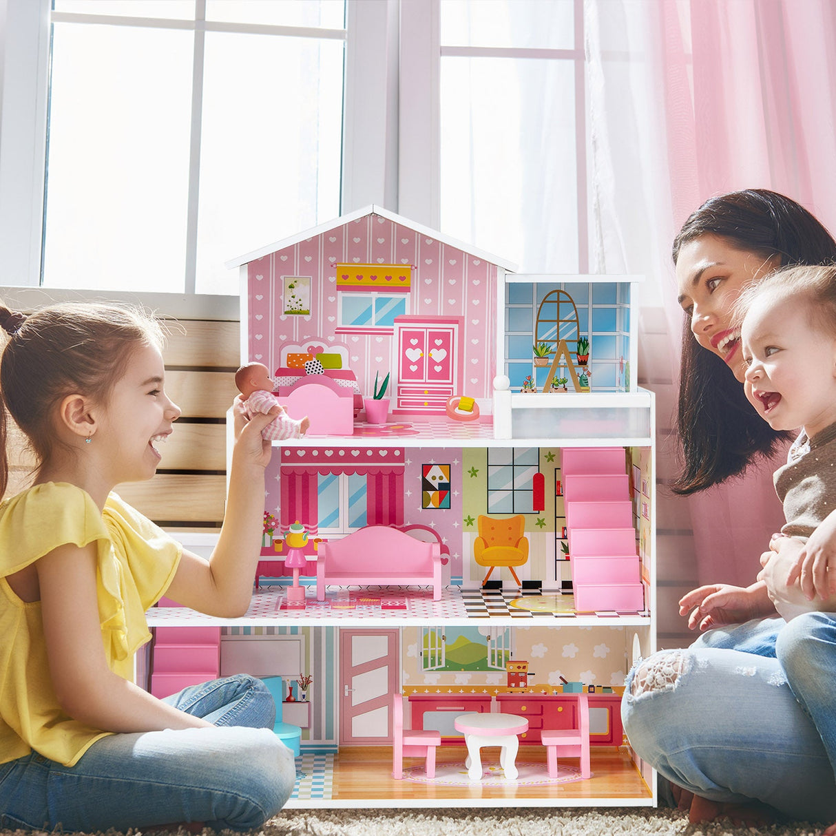 Casa de muñecas de madera para niños con 5 habitaciones simuladas y 10 piezas de mobiliario - Rosa