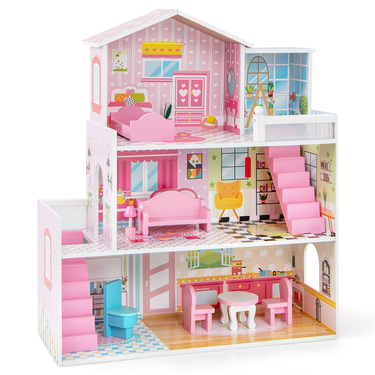 Casa de muñecas de madera para niños con 5 habitaciones simuladas y 10 piezas de mobiliario - Rosa