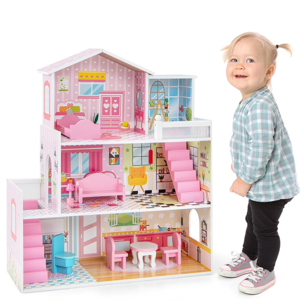 Casa de muñecas de madera para niños con 5 habitaciones simuladas y 10 piezas de mobiliario - Rosa