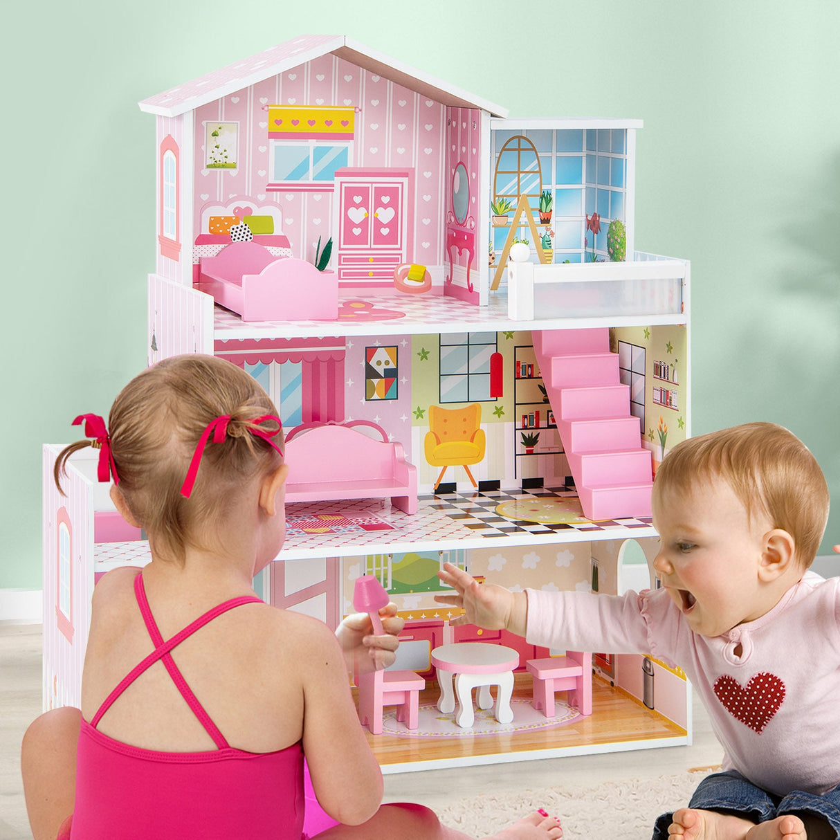 Casa de muñecas de madera para niños con 5 habitaciones simuladas y 10 piezas de mobiliario - Rosa