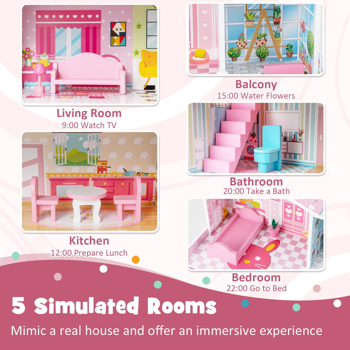 Casa de muñecas de madera para niños con 5 habitaciones simuladas y 10 piezas de mobiliario - Rosa