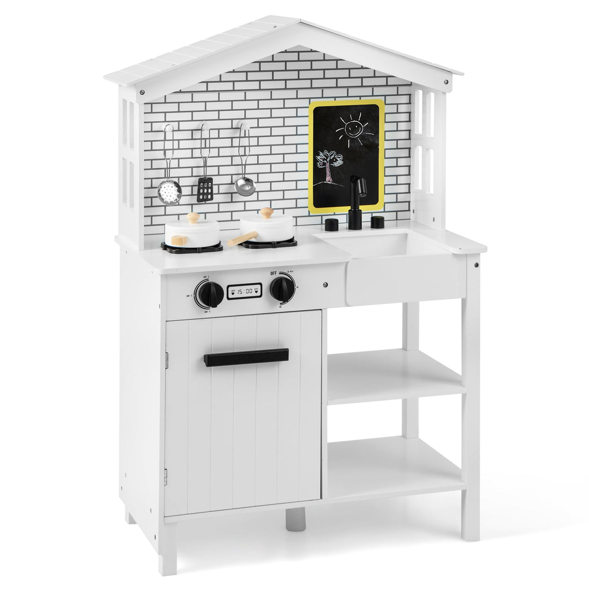 Cocina de juguete de madera para niños con estantes de almacenamiento y accesorios - Blanca
