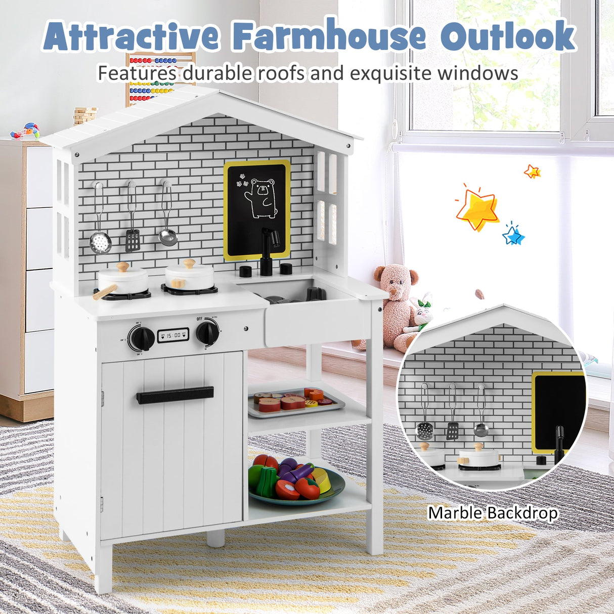 Cocina de juguete de madera para niños con estantes de almacenamiento y accesorios - Blanca