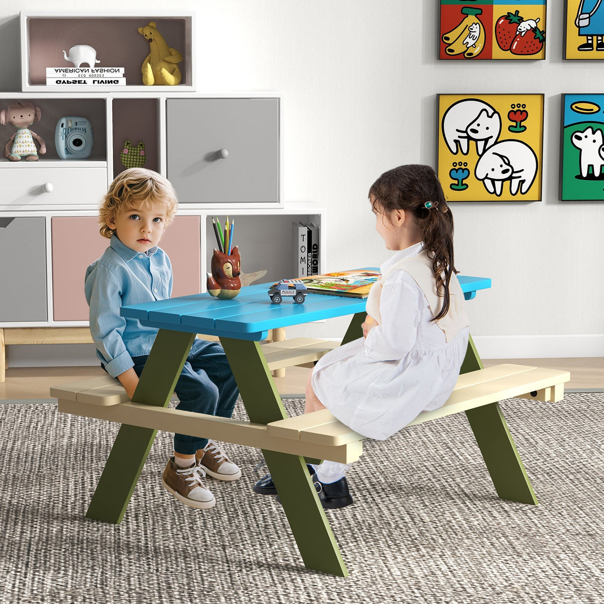 Juego de mesa de picnic de madera para niños, mesa de comedor y actividades para niños pequeños con bancos incorporados