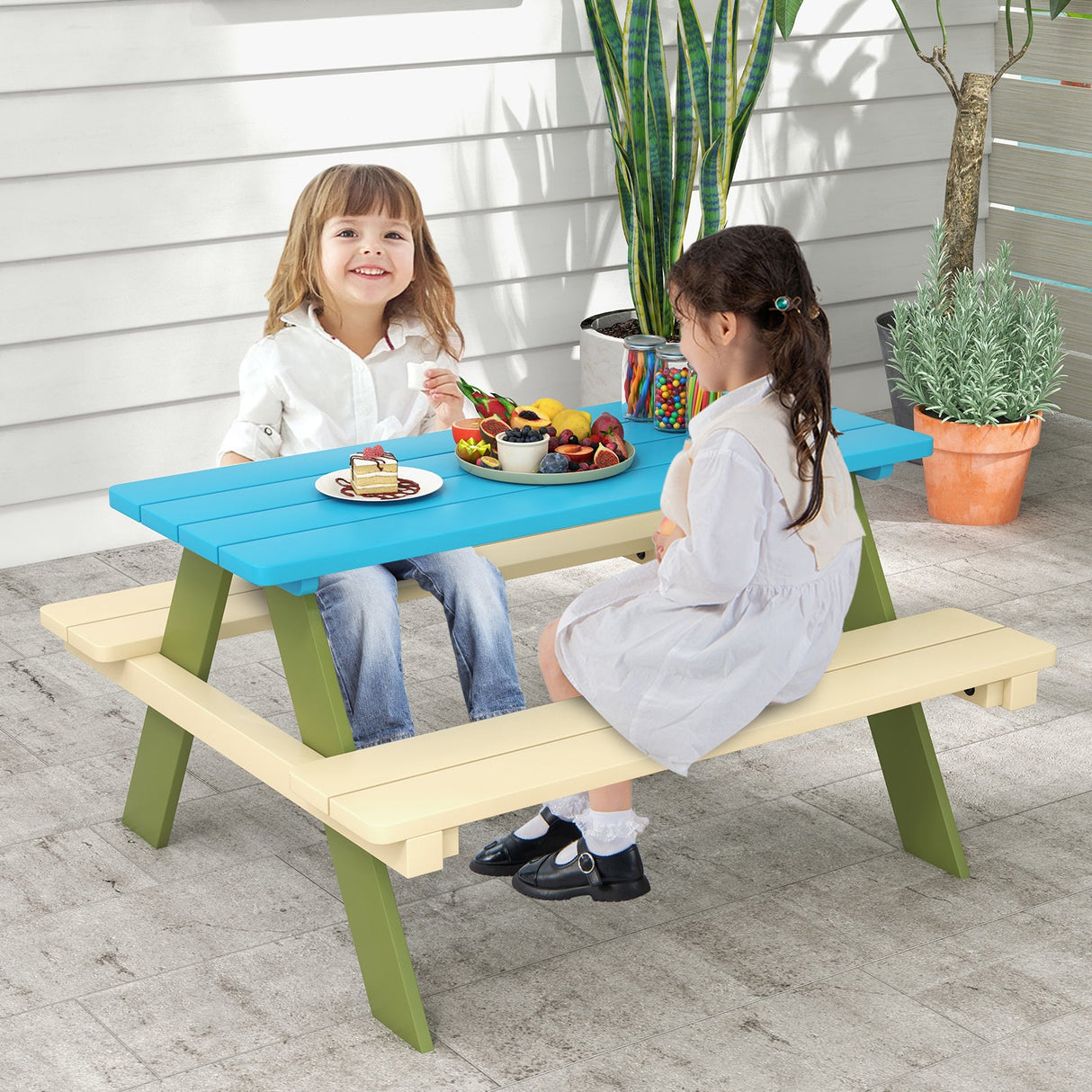 Juego de mesa de picnic de madera para niños, mesa de comedor y actividades para niños pequeños con bancos incorporados