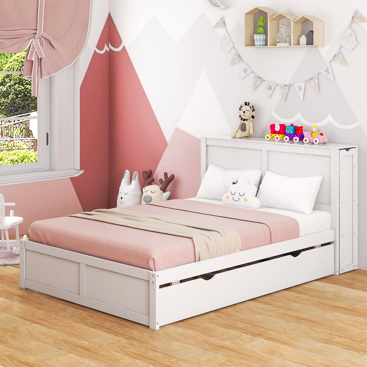 Cama de plataforma de madera Twin/Full para niños con cama nido y cabecero con almacenamiento