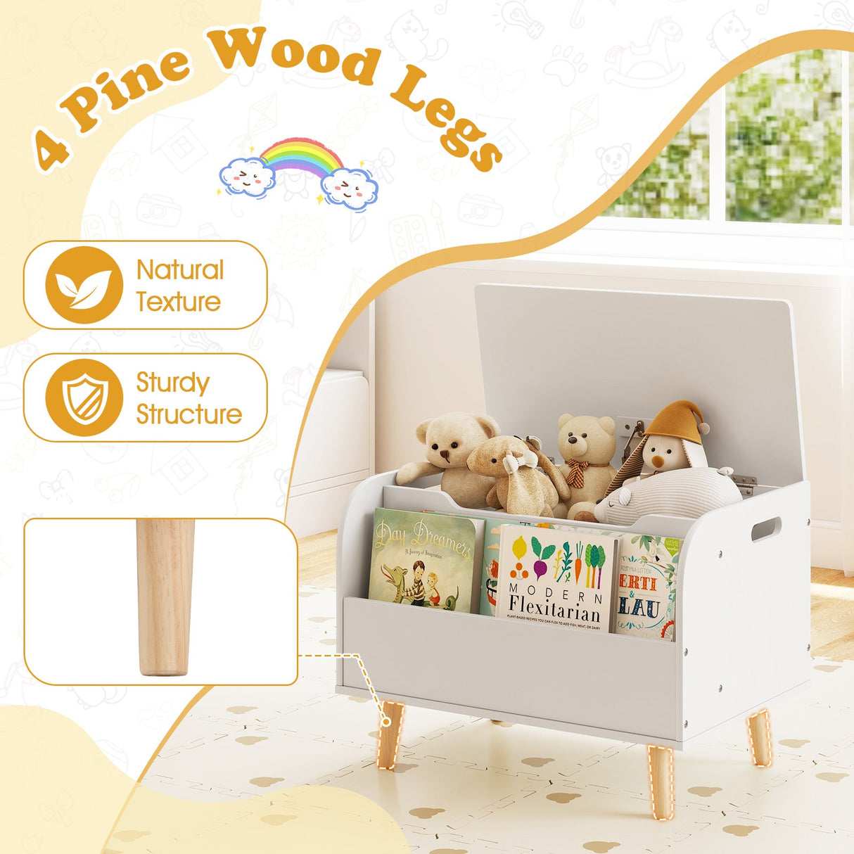 Kids Wooden Toy Box with Front Bookshelf and 4 Solid Wood Legs for Playroom
