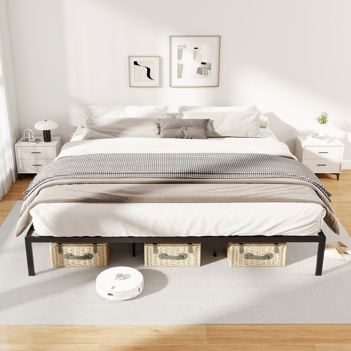 Estructura de cama metálica de tamaño individual/matrimonial/king, con listones de soporte resistentes y base de colchón
