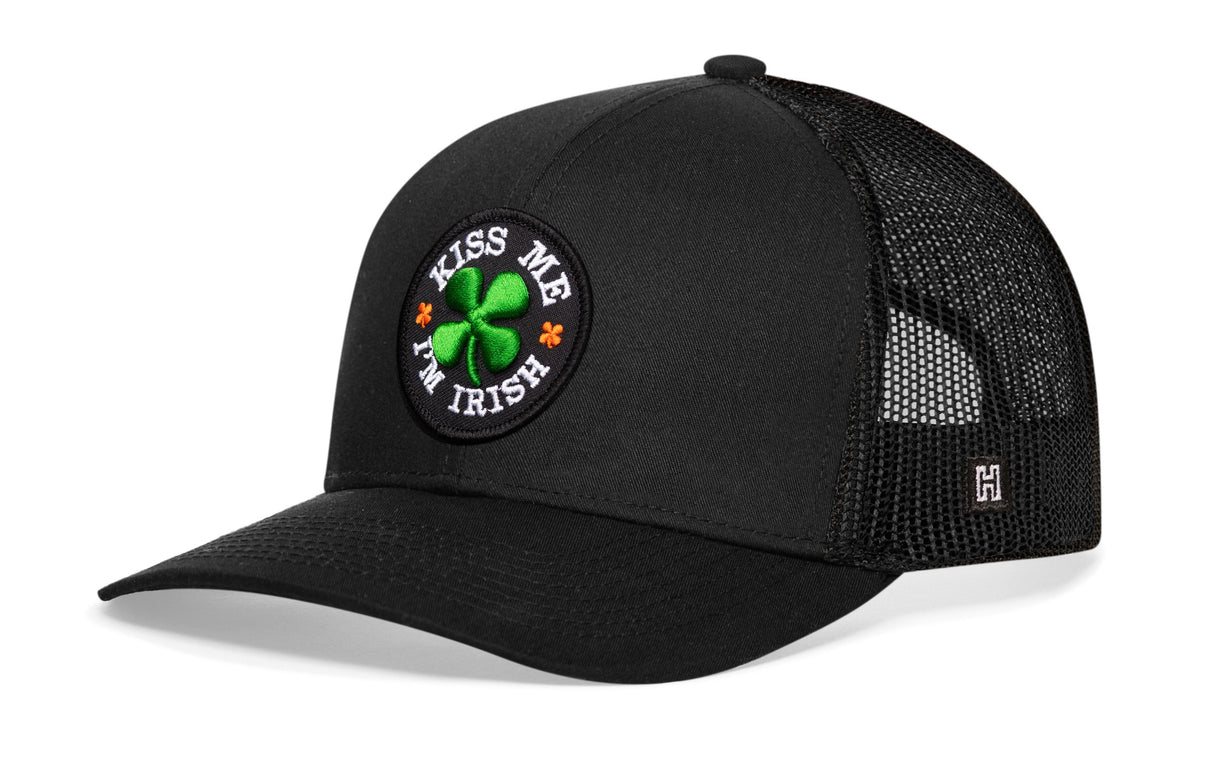 Kiss Me I'm Irish Trucker Hat | Black Shamrock Snapback