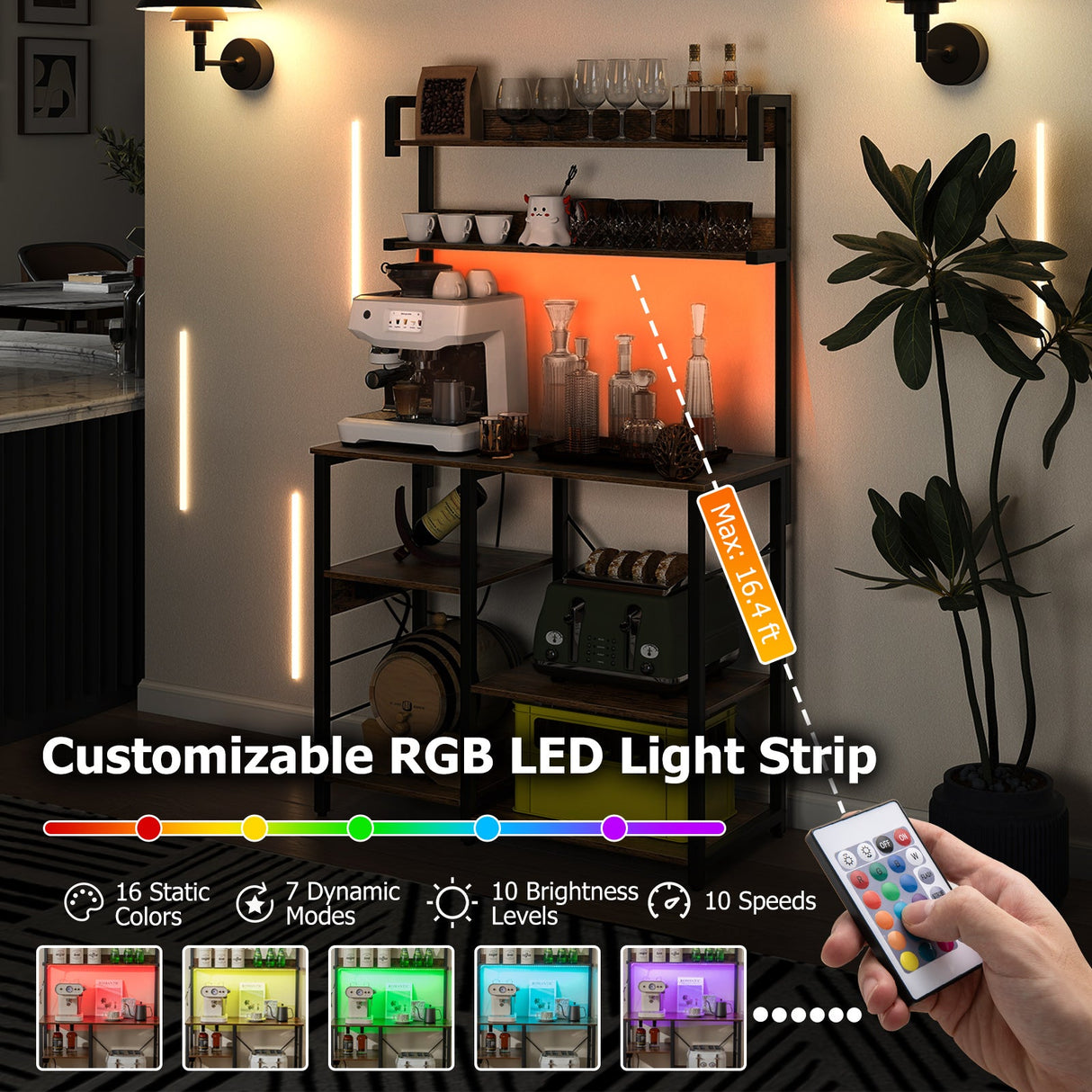 Estante para Panadero de Cocina con Tomacorriente, Estantería de 5 Niveles para Horno Microondas con Luces LED