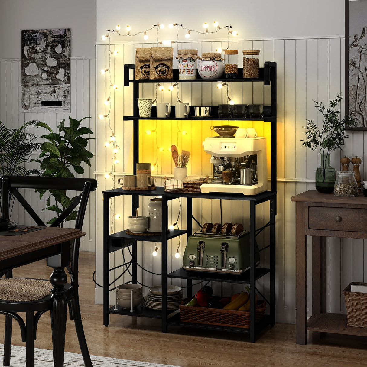 Estante para Panadero de Cocina con Tomacorriente, Estantería de 5 Niveles para Horno Microondas con Luces LED