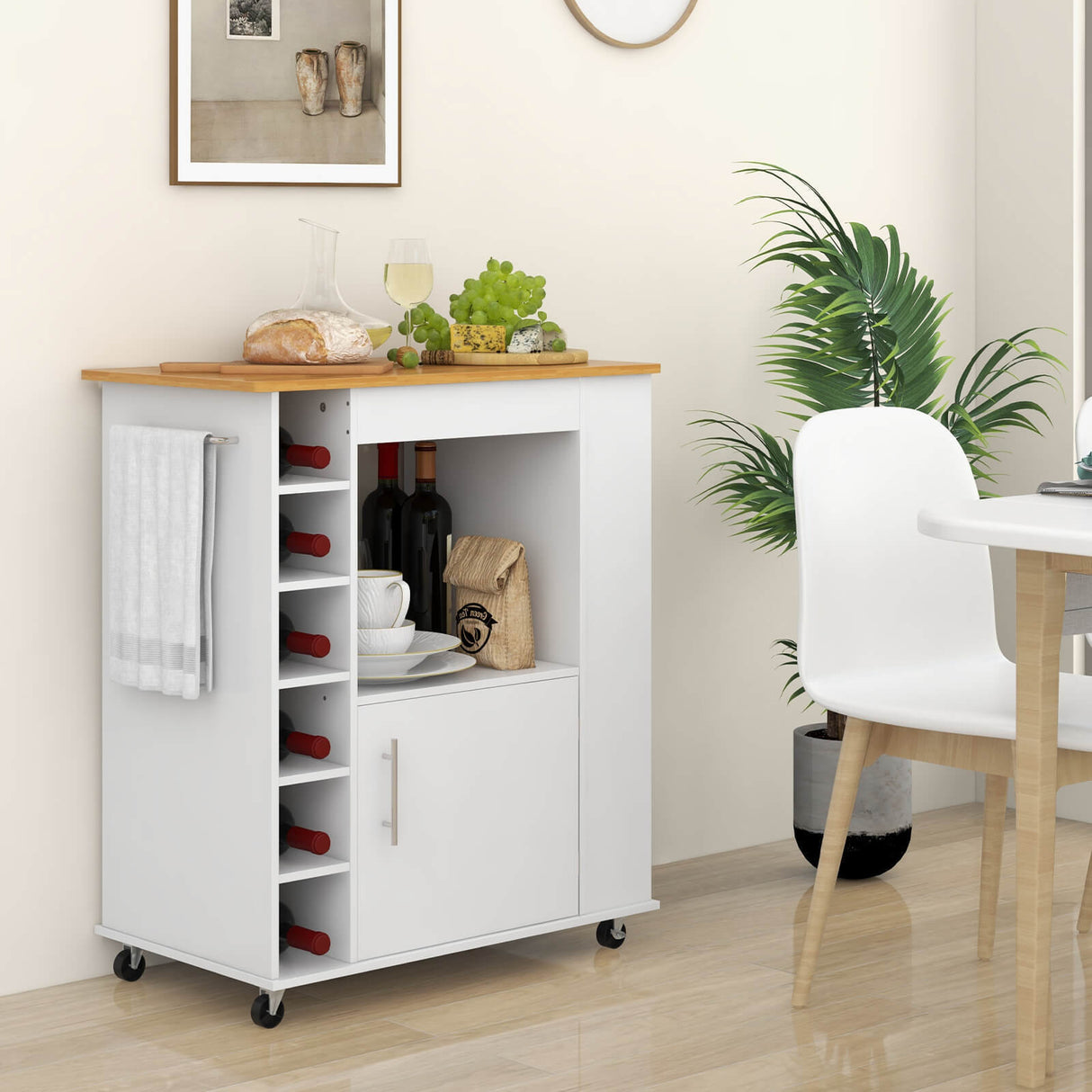 Carrito de cocina con ruedas, superficie de bambú y botellero para 6 botellas - Blanco