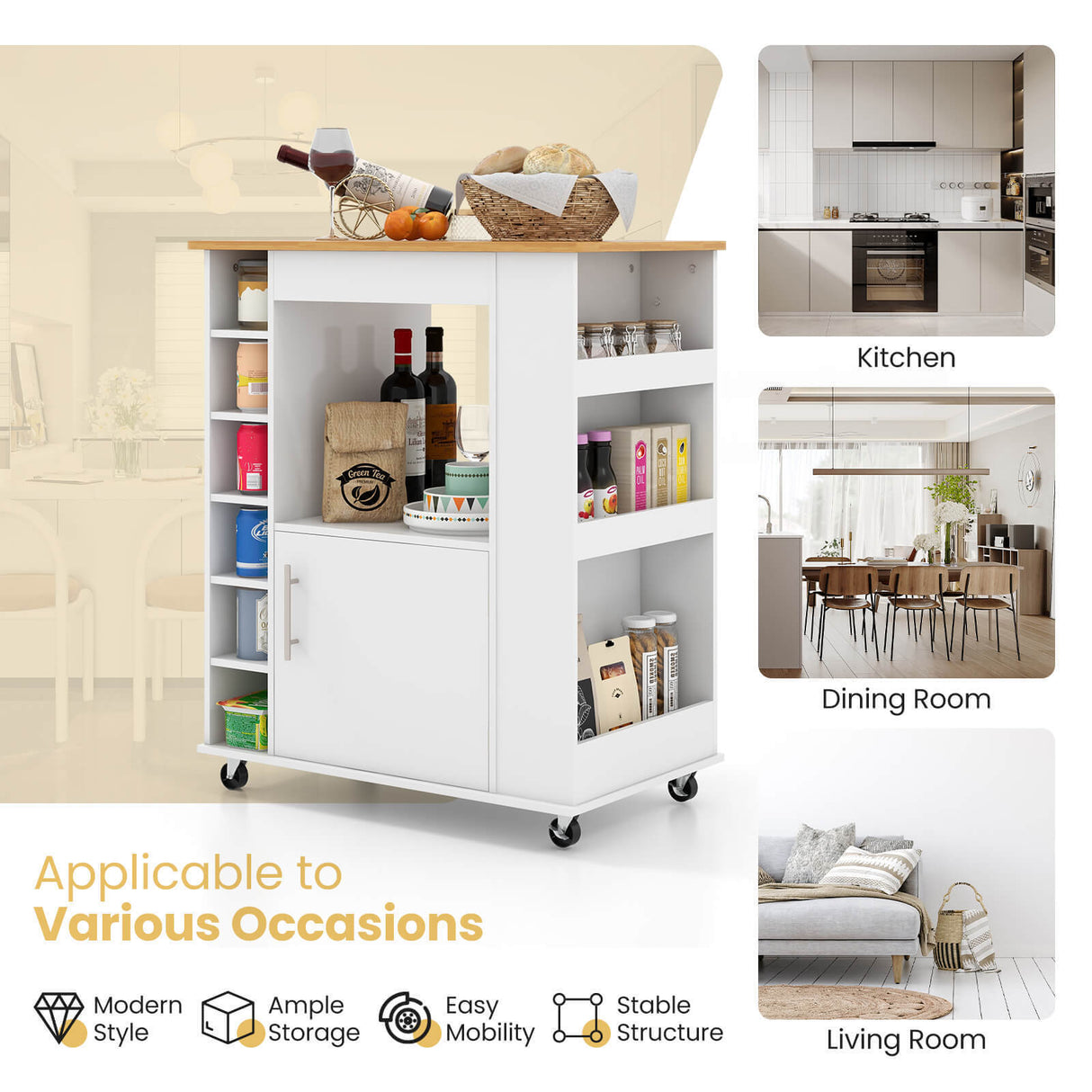 Carrito de cocina con ruedas, superficie de bambú y botellero para 6 botellas - Blanco