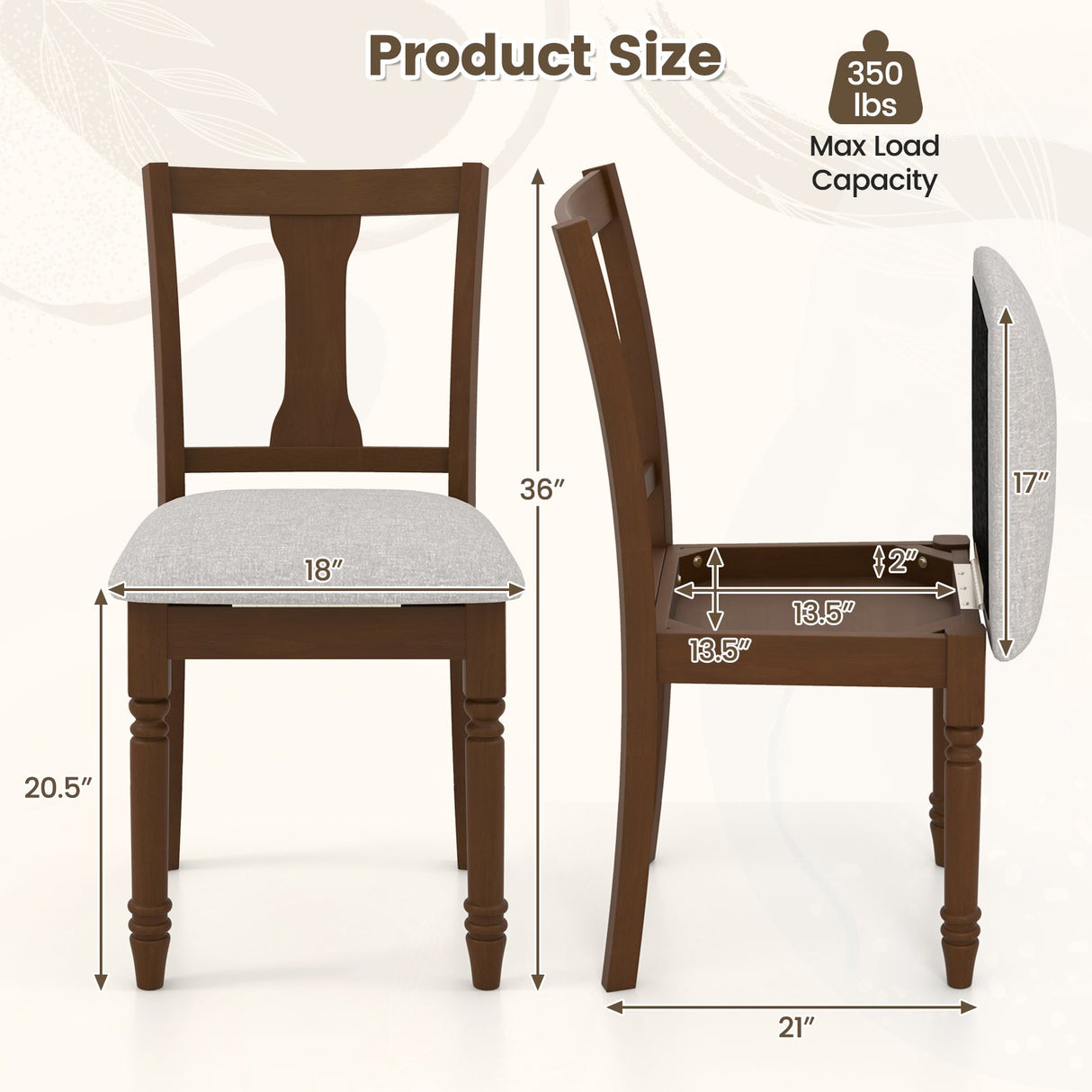 Set of 2 Kitchen Dining Chair with Linen Fabric and Storage Space