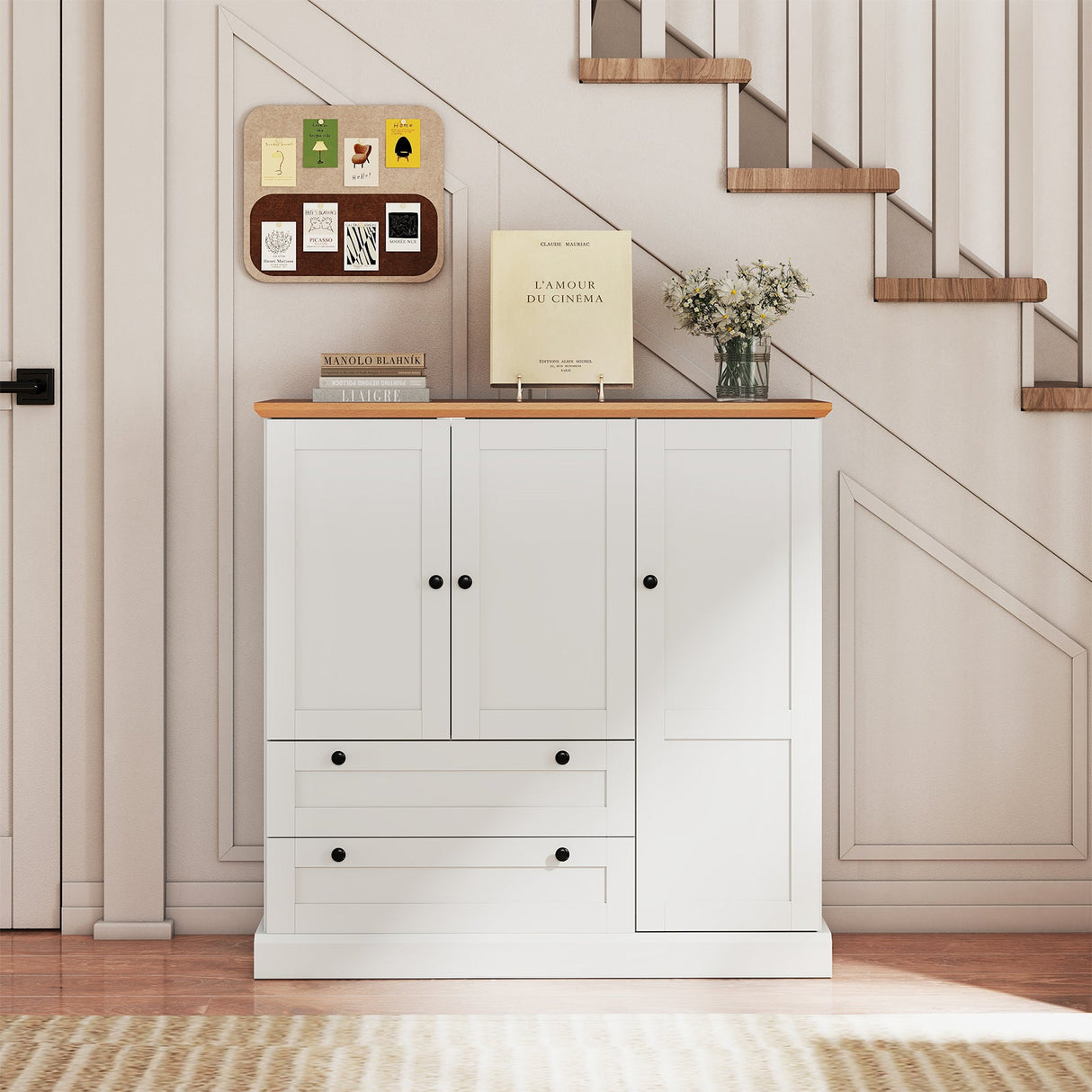 47.5 Inch Kitchen Freestanding Storage Cabinet with 3 Doors and 2 Large Drawers-White